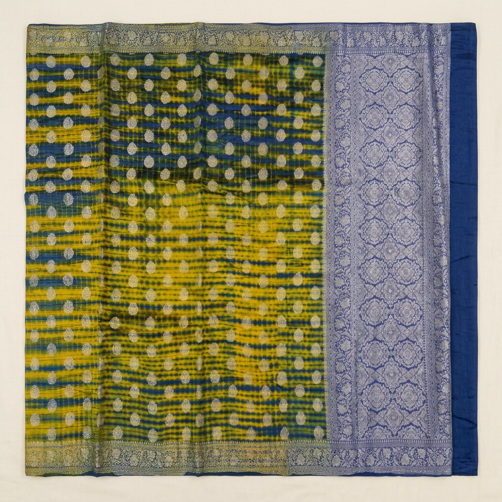 Kuberan Yellow with Blue Shibori Pure Silk Saree