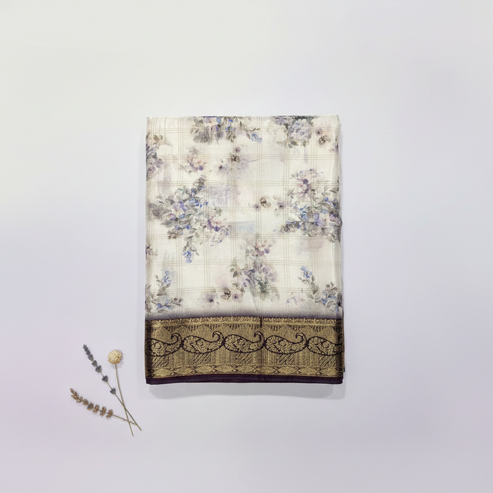 KUBERAN WHITE PURPLE CHIFFON PRINTED SAREE