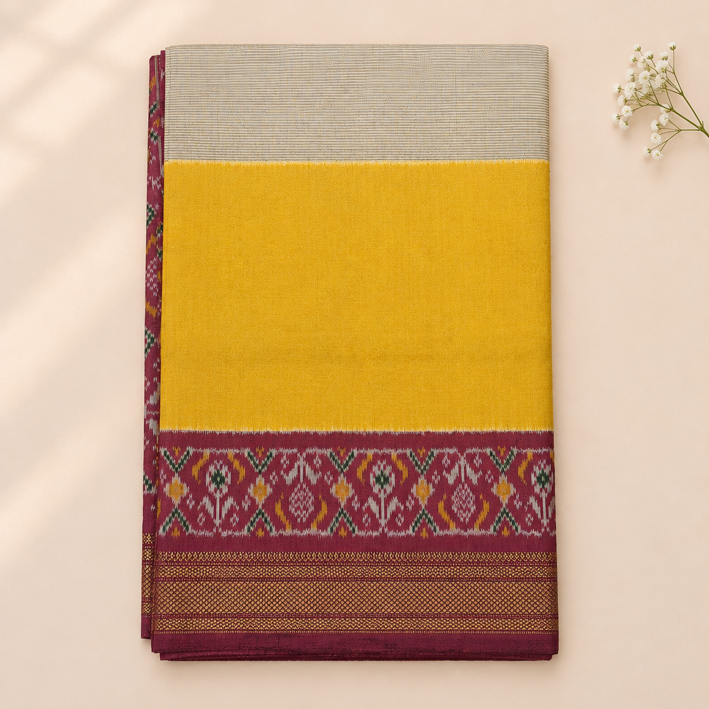 KUBERAN GREY WITH YELLOW RED BORDER POCHAMPALLY SILK SAREE