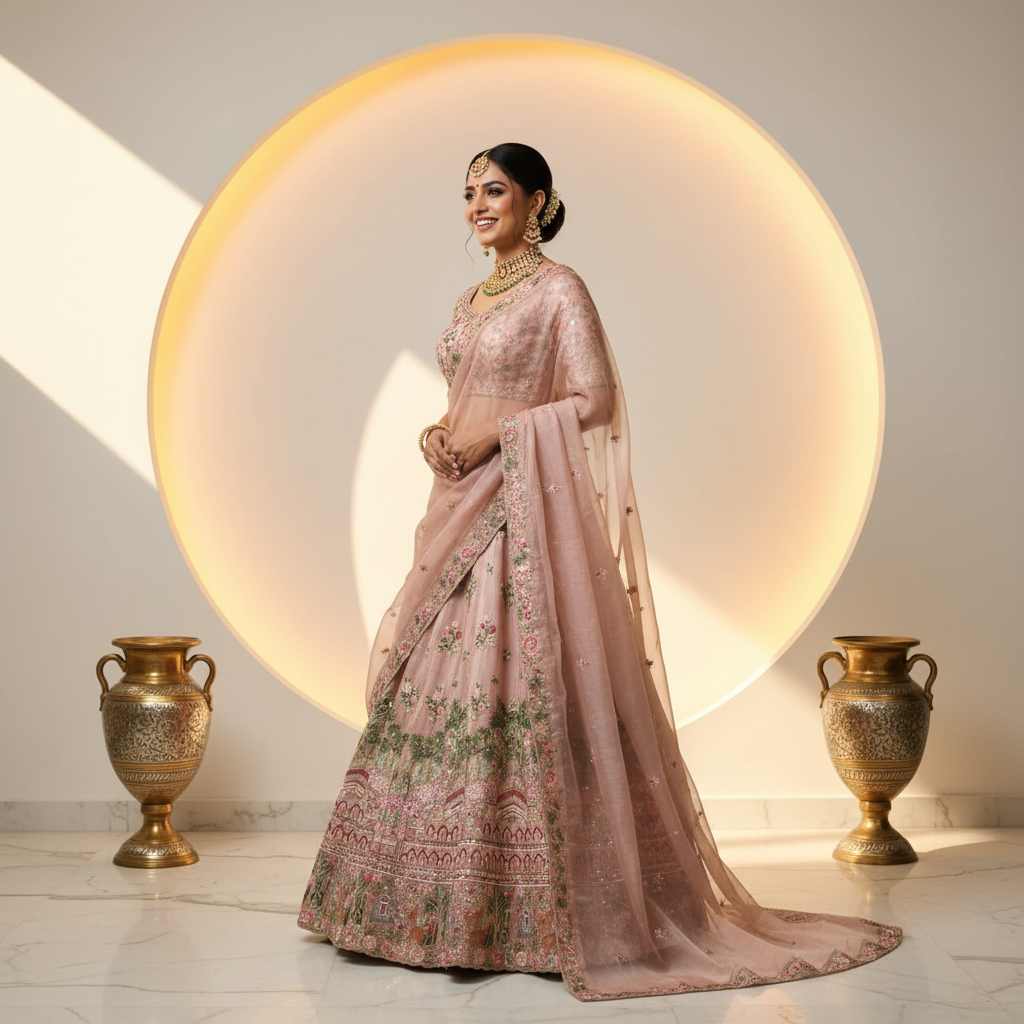 Kuberan Blush Pink Bridal Lehenga Set with Mughal Embroidery