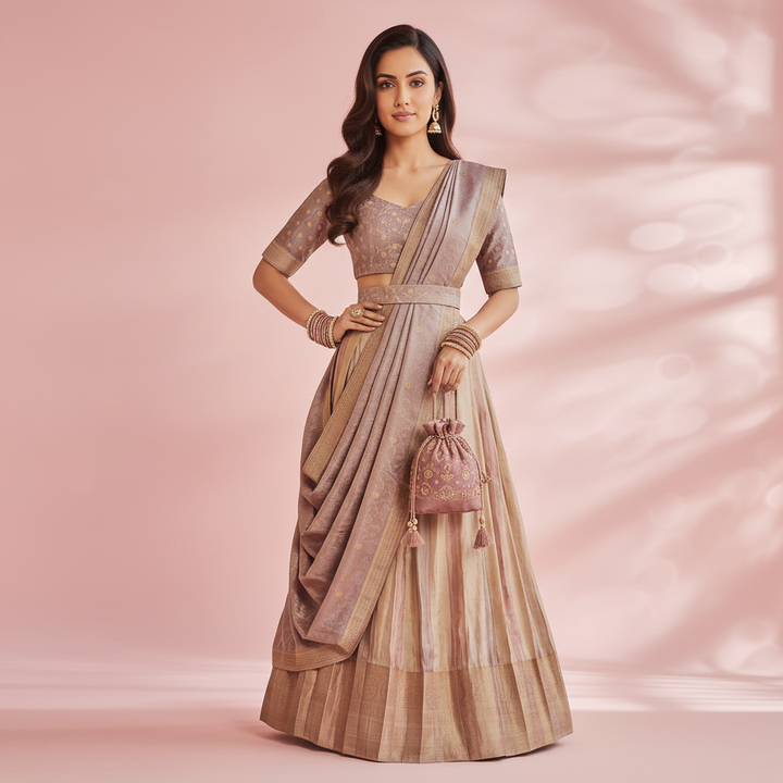 Kuberan Banarasi Silk Half Saree Dusty Rose & Gold Semi Stitched
