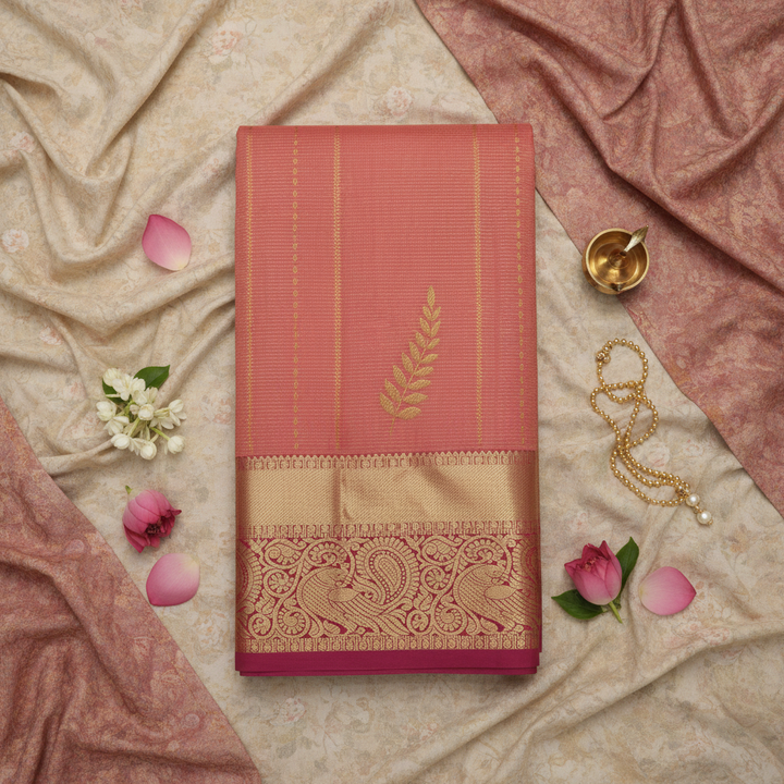 kuberan Coral Pink Kanchipuram Silk Saree with Golden Leaf Motif