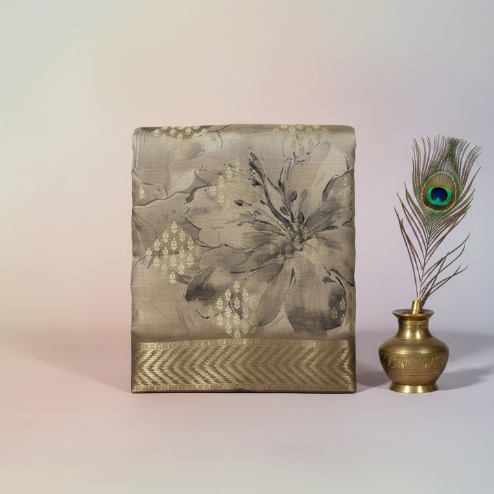 KUBERAN PALE BROWN MAL COTTON PRINTED SAREE