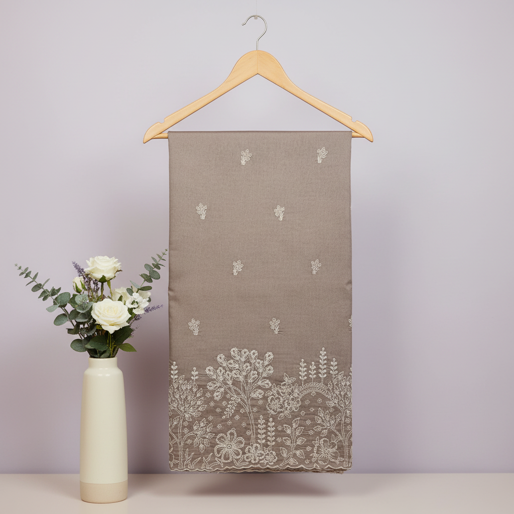 Taupe Grey Silk Saree – Hanger Editorial with Floral Vase