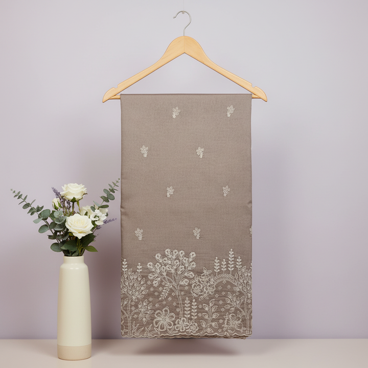 Taupe Grey Silk Saree – Hanger Editorial with Floral Vase