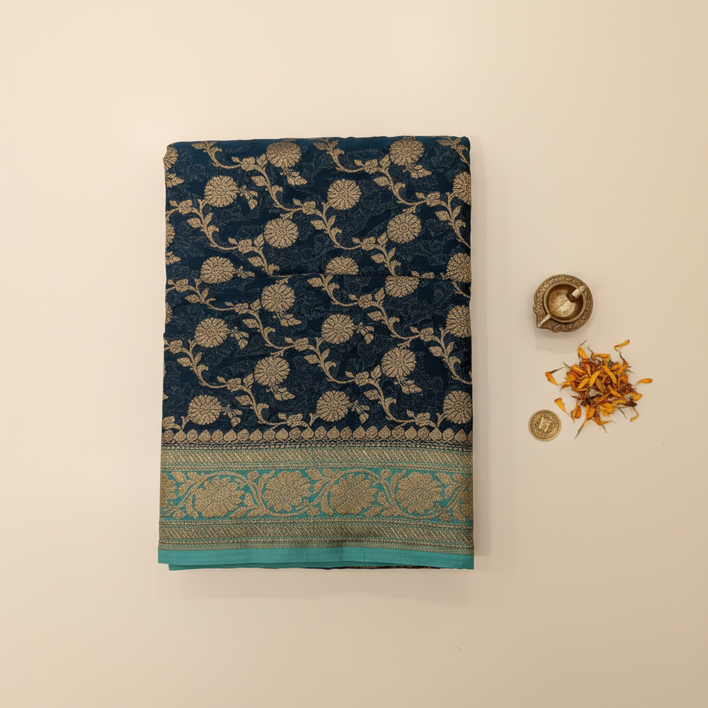 KUBERAN BLUE BANARASI KHADDI GEORGETTE SAREE