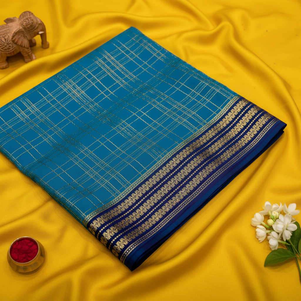 kuberan Teal Blue Checkered Mysore Silk Saree with Navy Blue Border