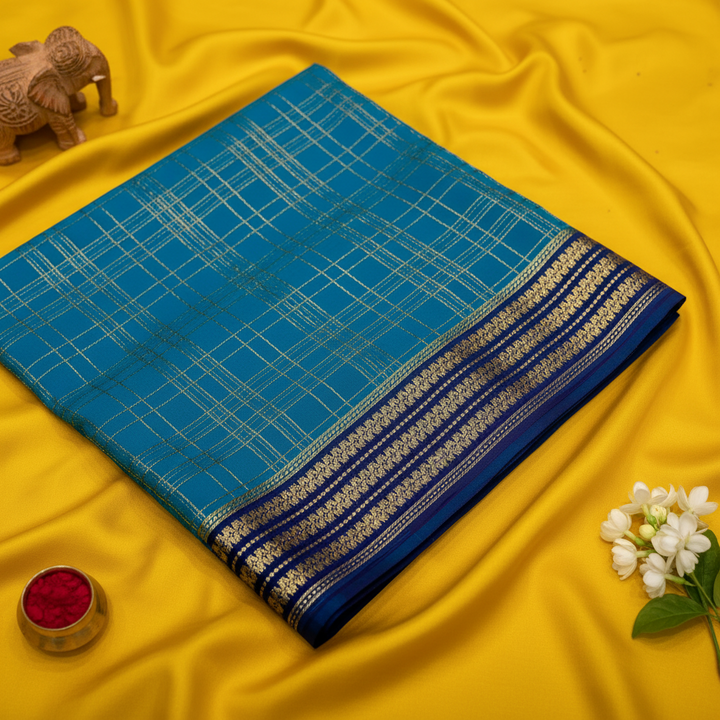 kuberan Teal Blue Checkered Mysore Silk Saree with Navy Blue Border