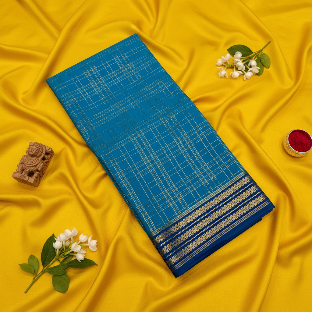 kuberan Teal Blue Checkered Mysore Silk Saree with Navy Blue Border