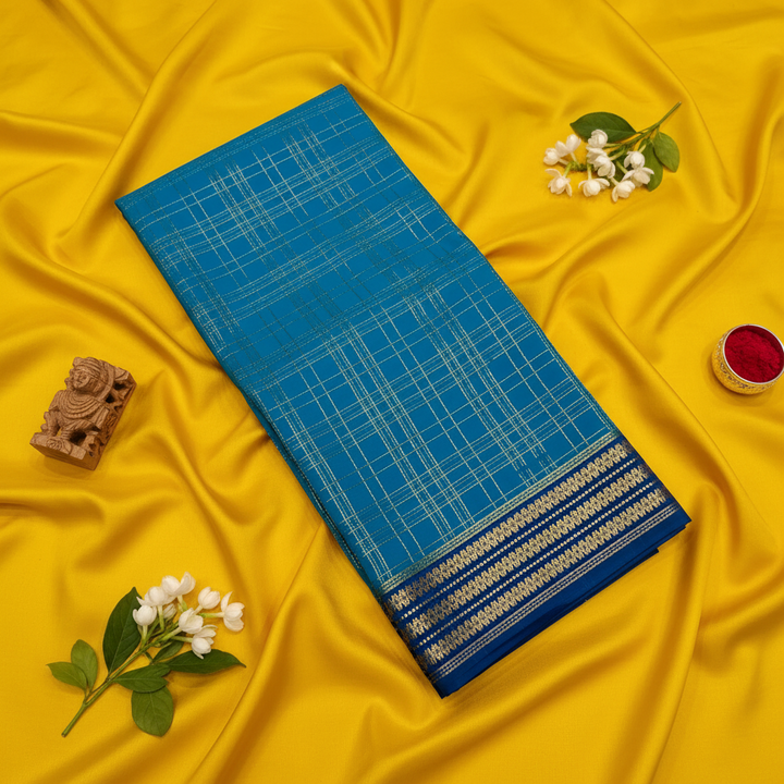 kuberan Teal Blue Checkered Mysore Silk Saree with Navy Blue Border