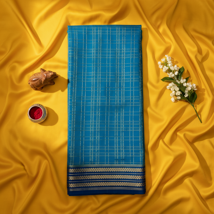 kuberan Teal Blue Checkered Mysore Silk Saree with Navy Blue Border