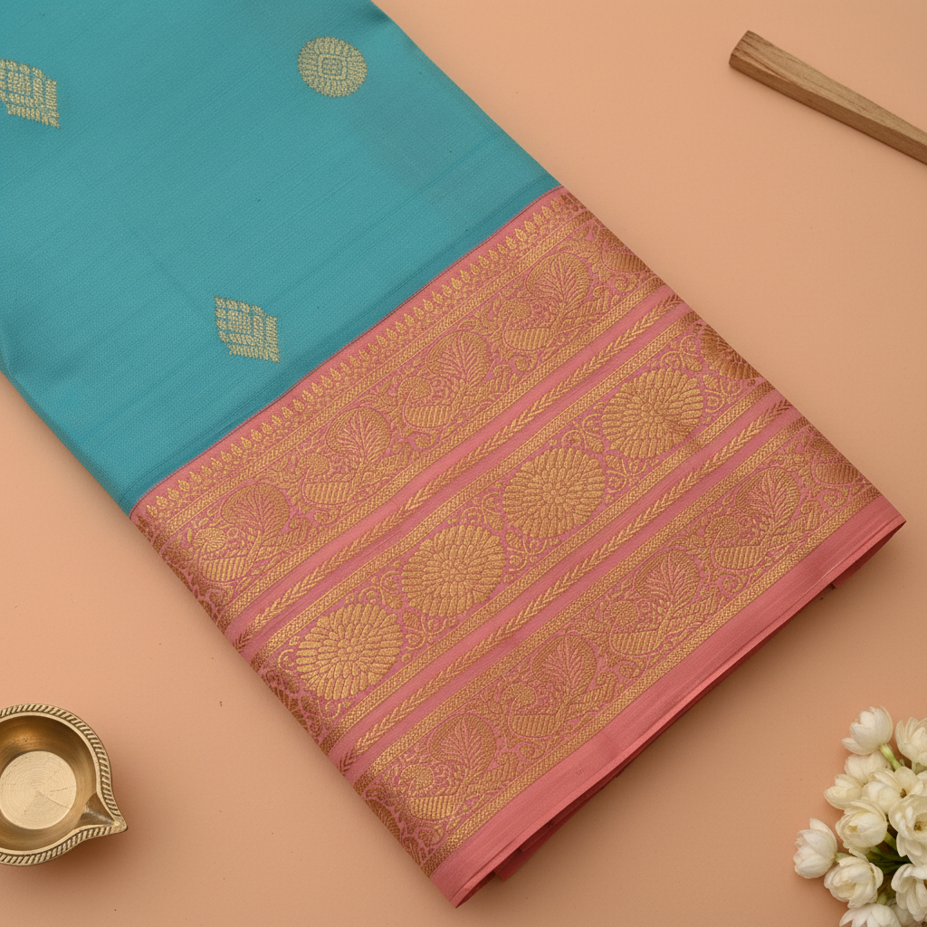 Kuberan Teal Blue Kanchipuram Silk Saree with Golden Diamond & Lotus Motifs and Rose Pink Peacock Zari Border