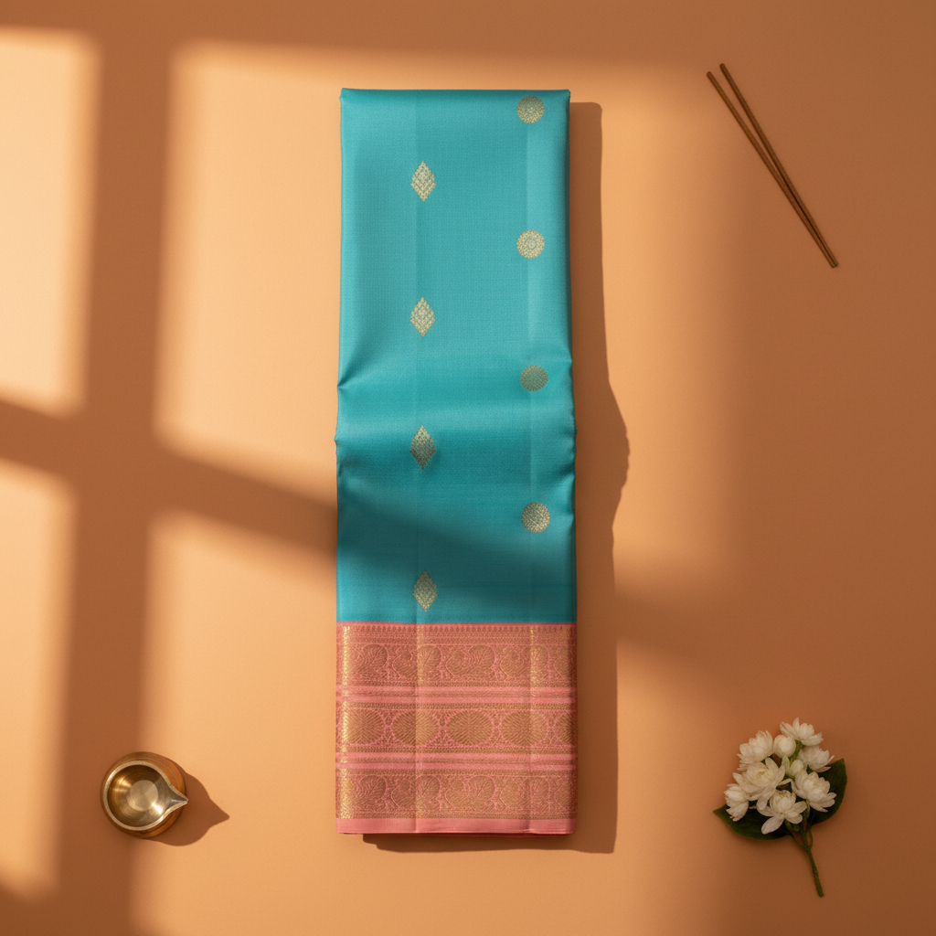 Kuberan Teal Blue Kanchipuram Silk Saree with Golden Diamond & Lotus Motifs and Rose Pink Peacock Zari Border