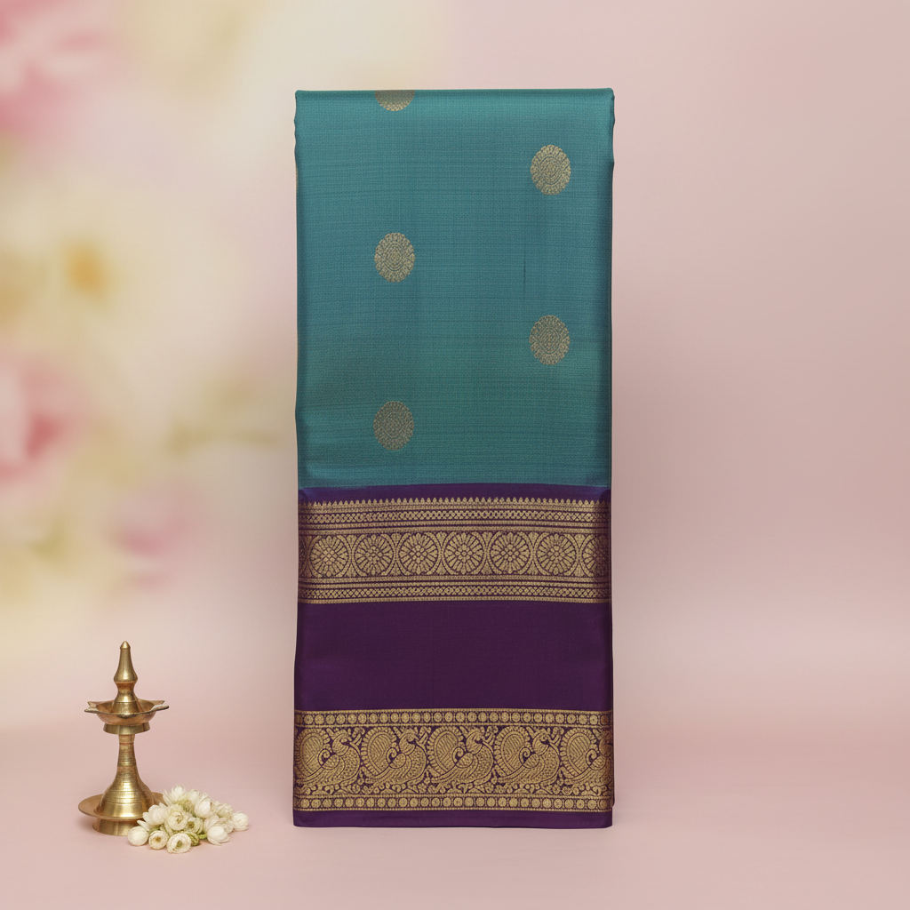 KUBERAN TEAL BLUE WITH DEEP PURPLE GOLD PURE SILK SAREE