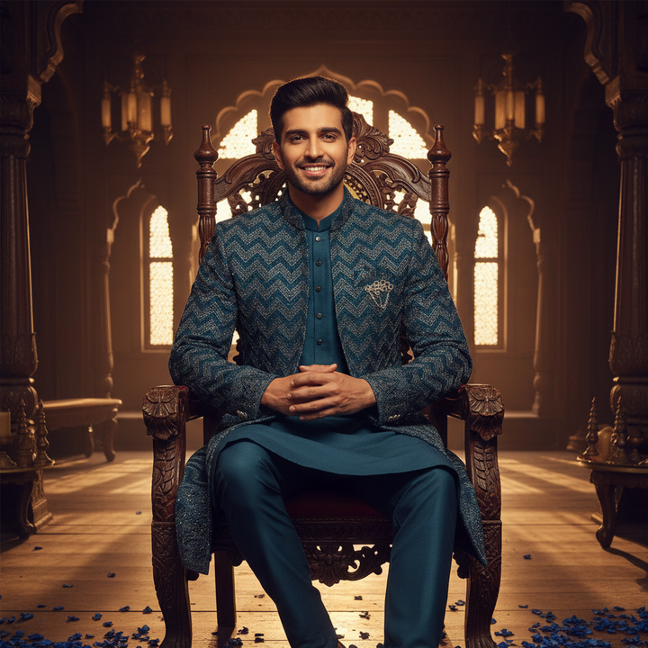 Kuberan – Teal Chevron Indo Western Sherwani