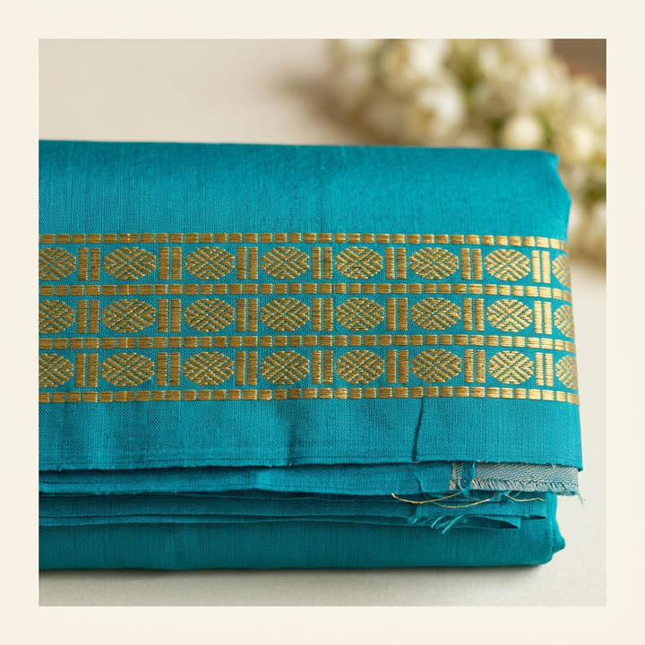 Kuberan Teal Pure Silk Dhoti with Gold Zari Border