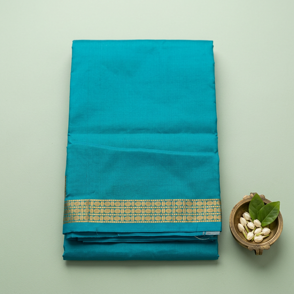 Kuberan Teal Pure Silk Dhoti with Gold Zari Border
