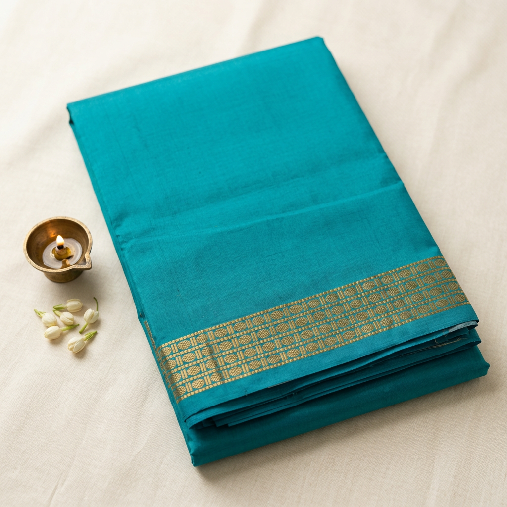 Kuberan Teal Pure Silk Dhoti with Gold Zari Border