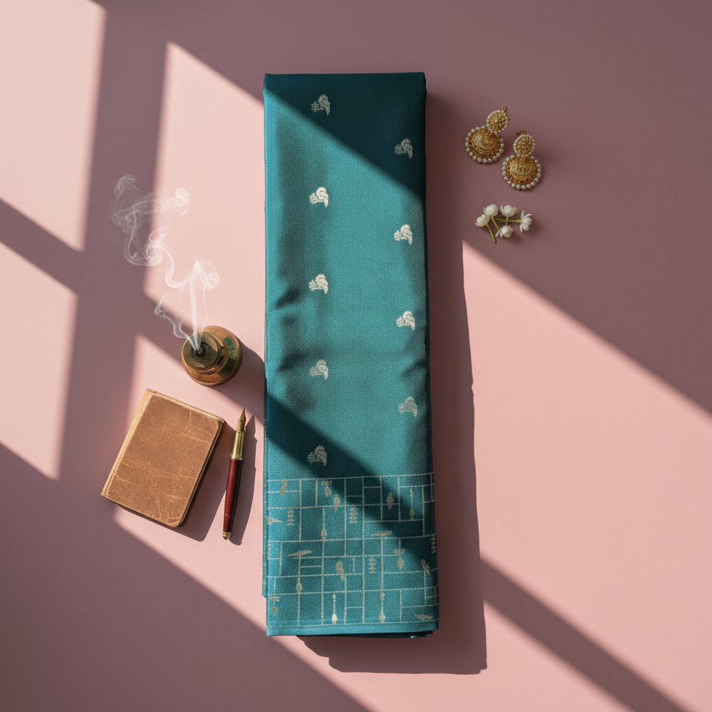 Teal-green saree with silver motifs on pastel background