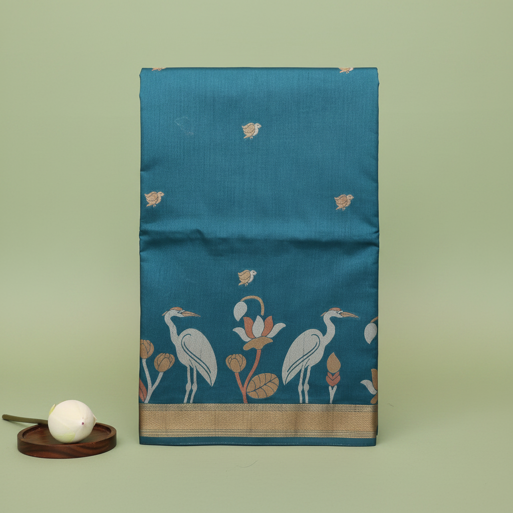 Teal Kalamkari Saree – Upright Front View – Pastel BG