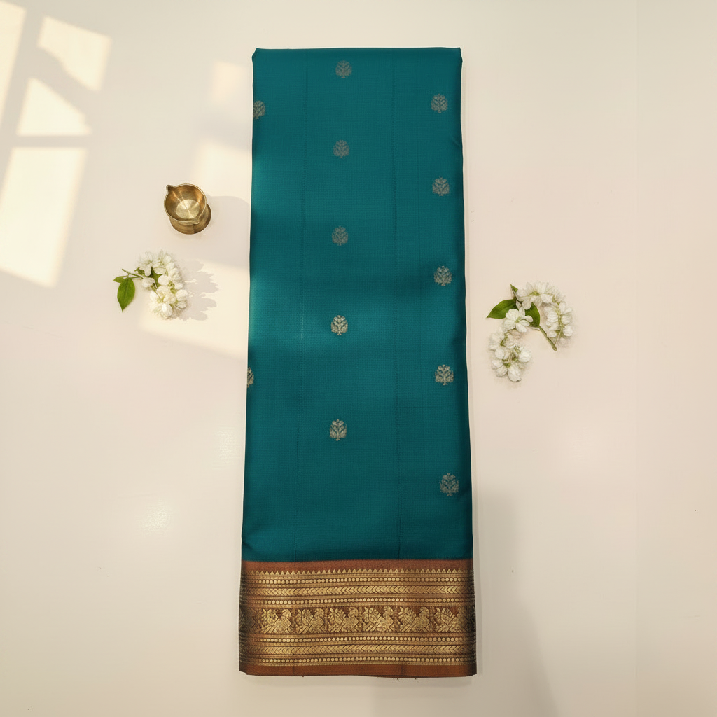 KUBERAN TEAL GREEN WITH RUST PURE SILK SAREE