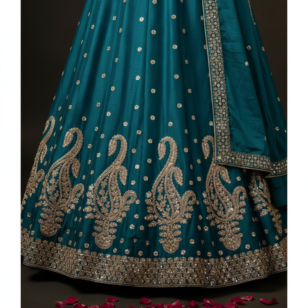 Kuberan Teal Lehenga with Gold Zari Embroidery