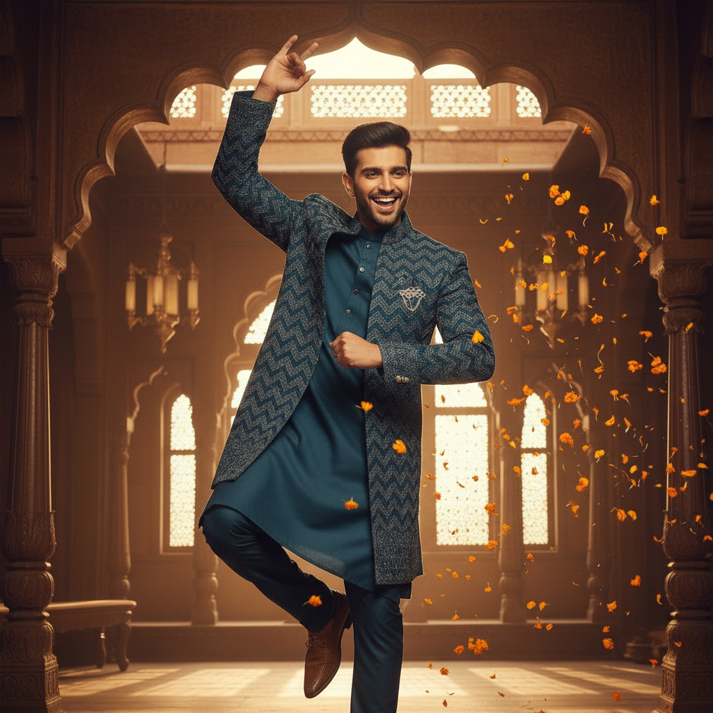 Kuberan – Teal Chevron Indo Western Sherwani