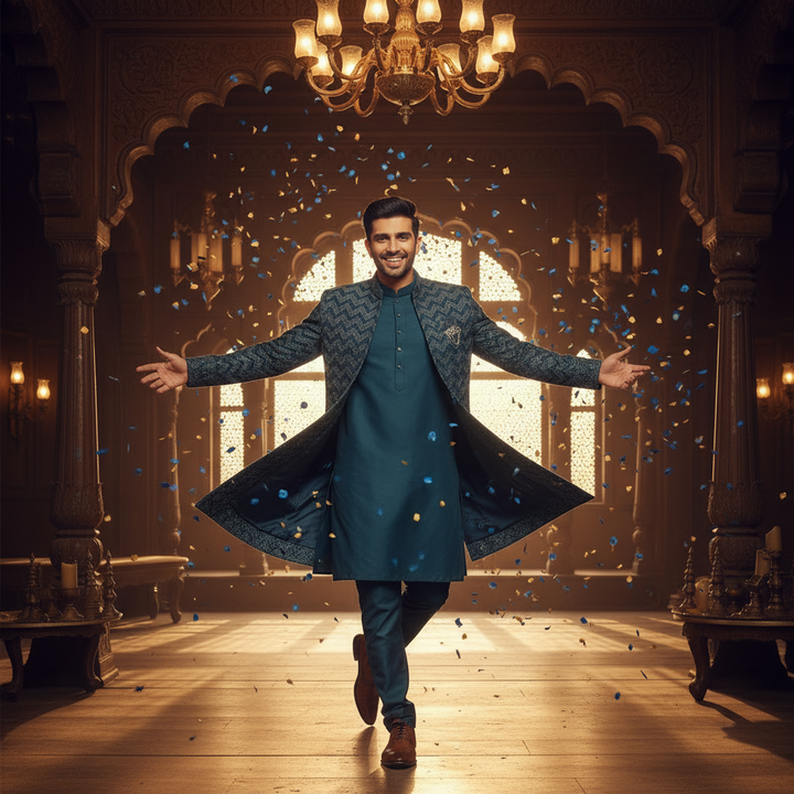 Kuberan – Teal Chevron Indo Western Sherwani