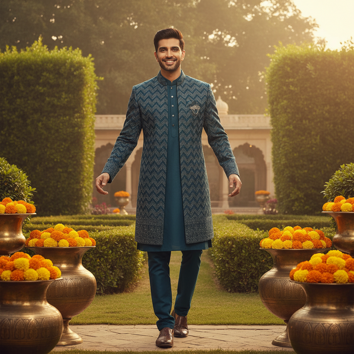 Kuberan – Teal Chevron Indo Western Sherwani