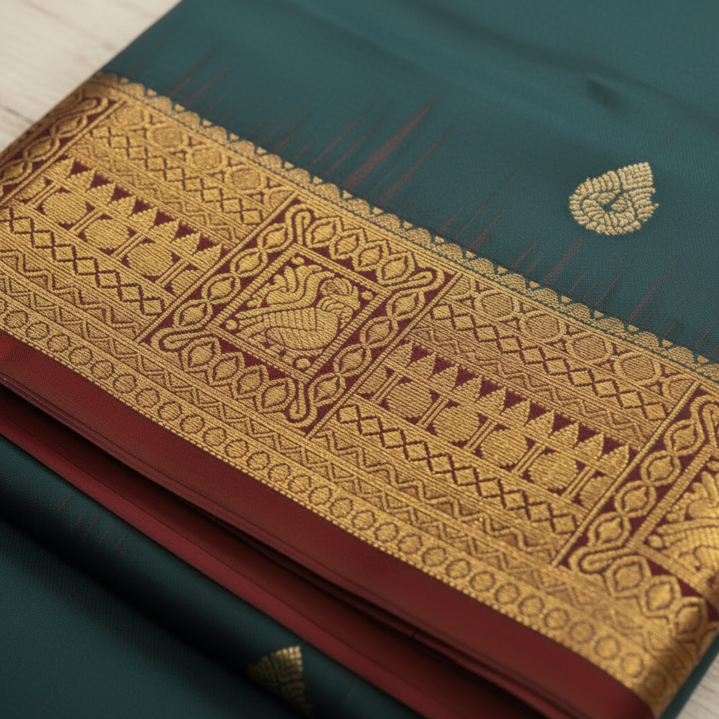 KUBERAN PEACOCK BLUE 9 YARDS PURE SILK SAREE