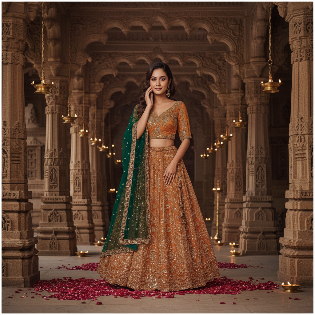 Kuberan Golden  Lehenga Choli with Green Dupatta Semi Stitched