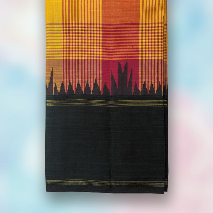 KUBERAN YELLOW CHECKS PURE KANCHIPURAM SILK SAREE