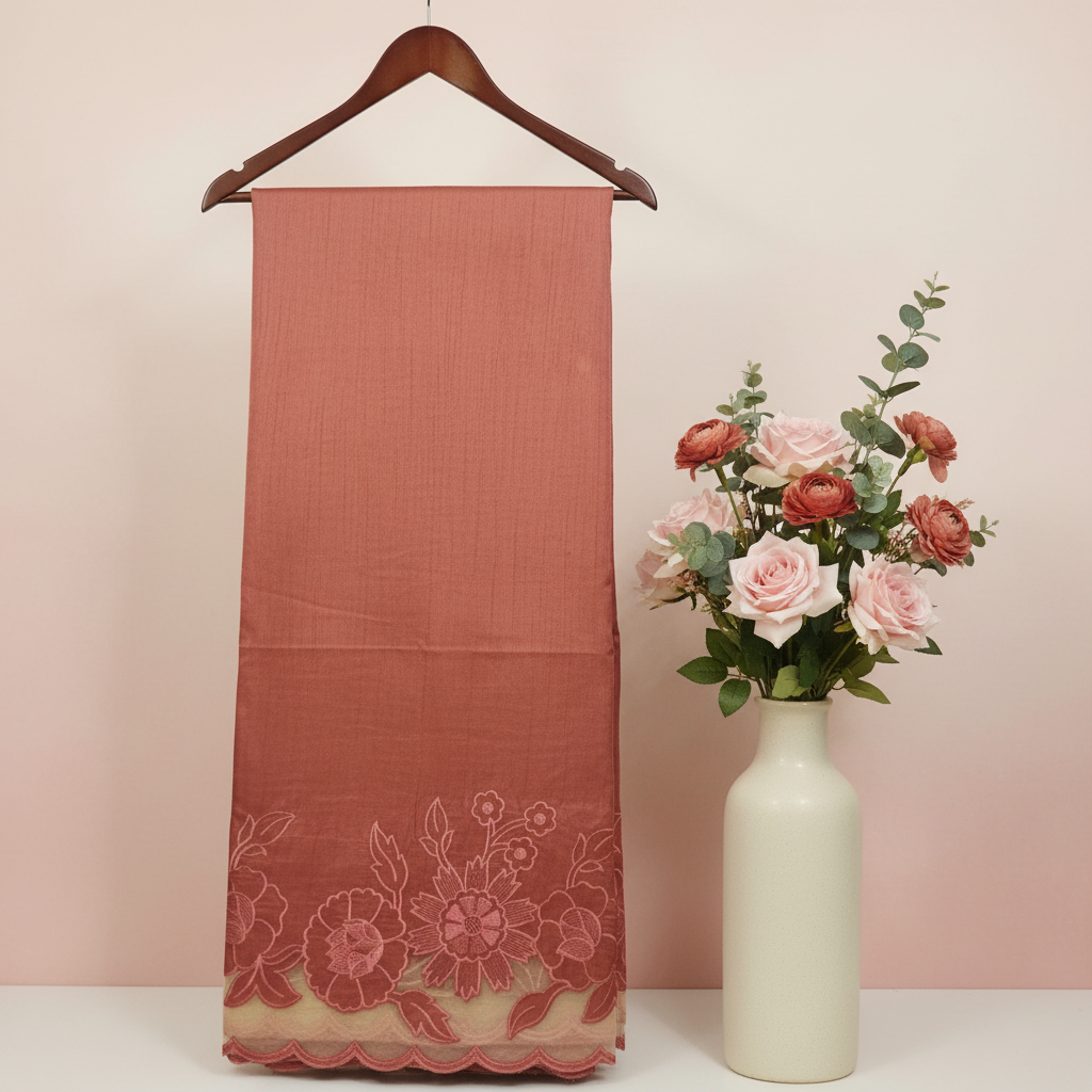 Terracotta Silk Saree – Hanger Editorial with Floral Vase