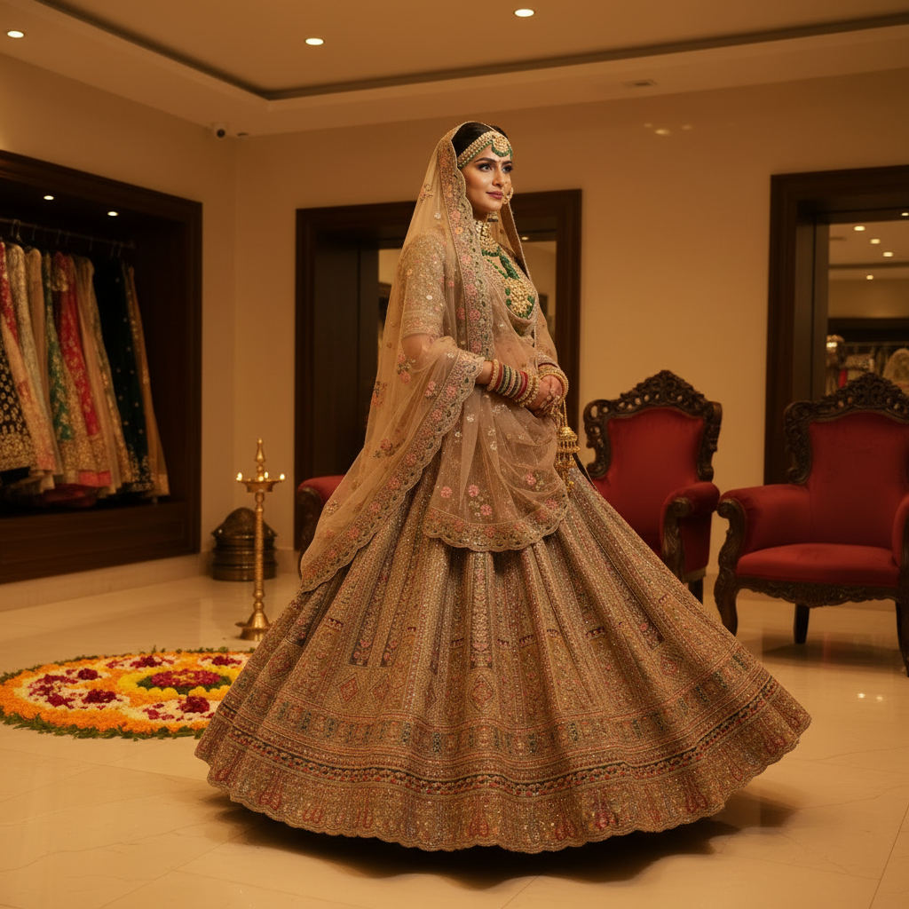 Kuberan Golden Beige Bridal Semi Stitched Lehenga.