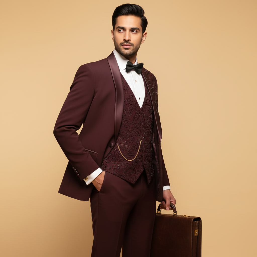 Kuberan Maroon Three-Piece Tuxedo Suit