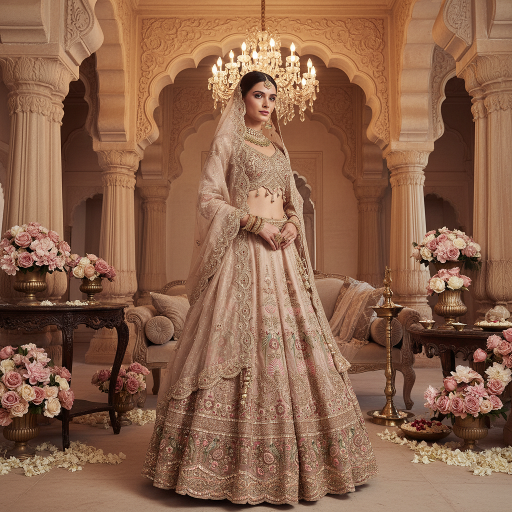 Kuberan Blush Pink Embroidered Bridal Lehenga Set