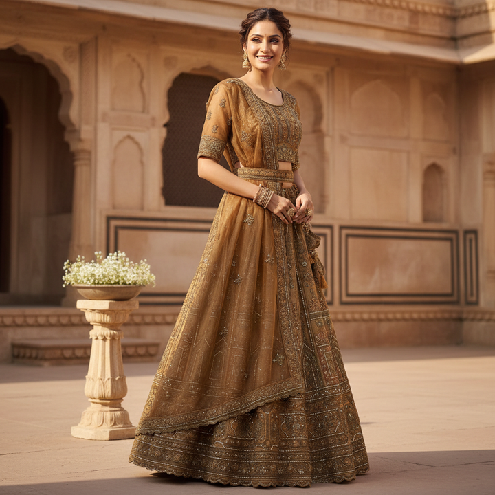 Kuberan Bronze Gold Semi Stitched Lehenga