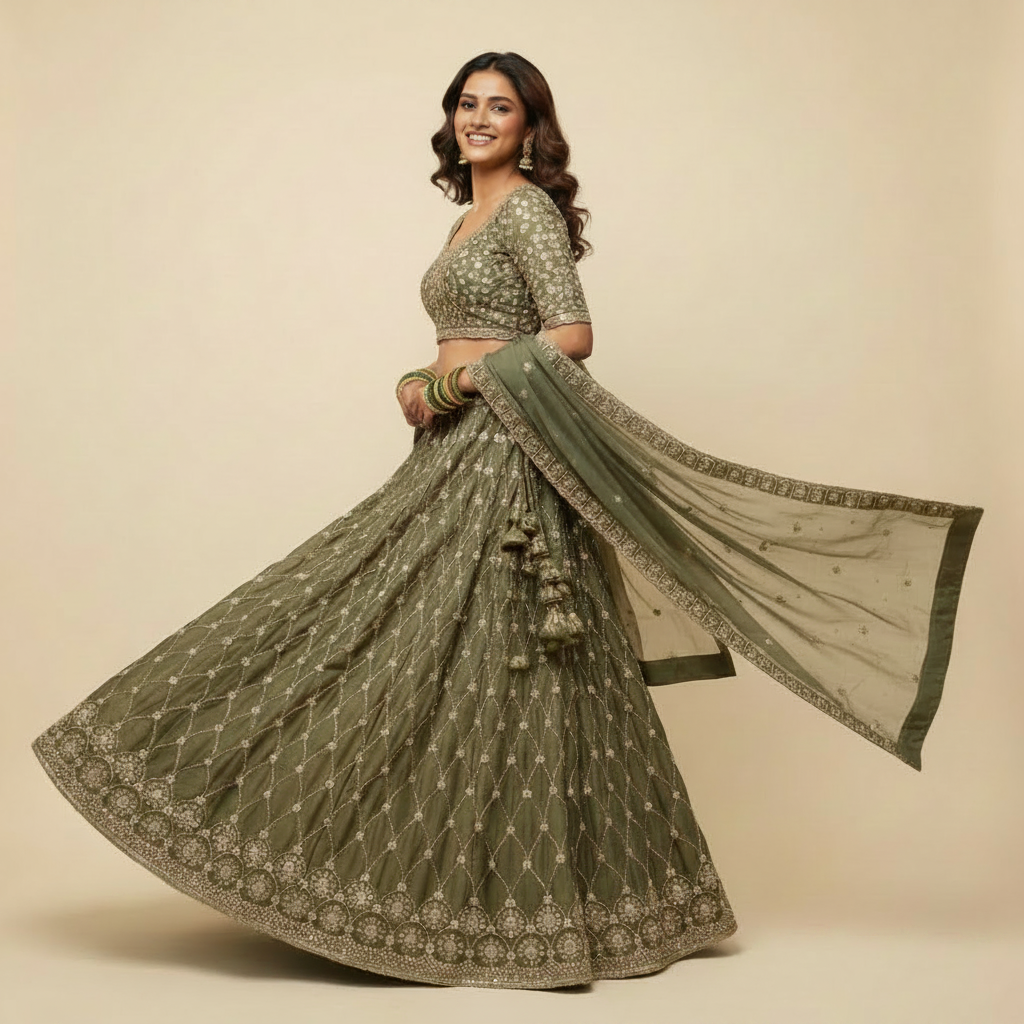 Kuberan Sage Green Embroidered Lehenga Set
