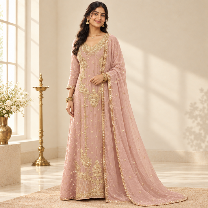 Kuberan Blush Pink Pure Tissue Anarkali with Dupatta
