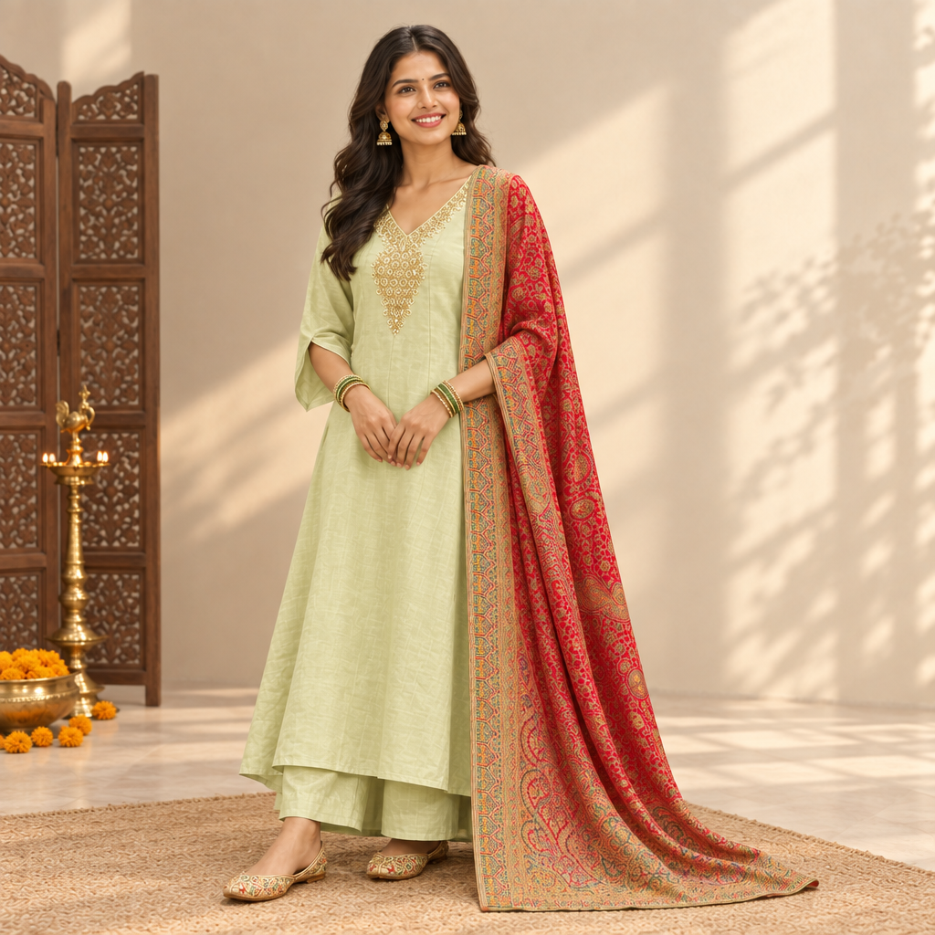 Kuberan Pistachio Green Anarkali Set with Red Dupatta