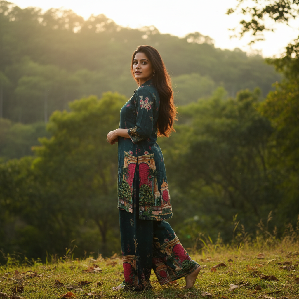 Kuberan Teal Digital Print Kurta & Palazzo Co-ord Set