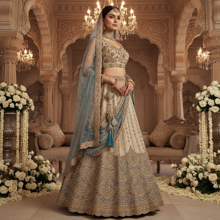 Kuberan Blue Grey Embroidered Semi Stitched Bridal Lehenga