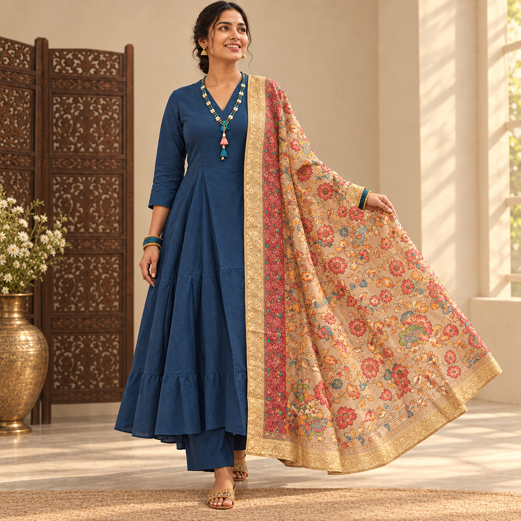 Kuberan Navy Blue Anarkali Set with Floral Dupatta