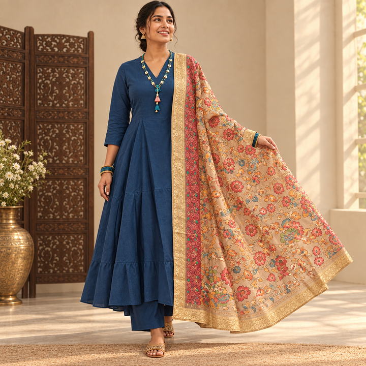 Kuberan Navy Blue Anarkali Set with Floral Dupatta