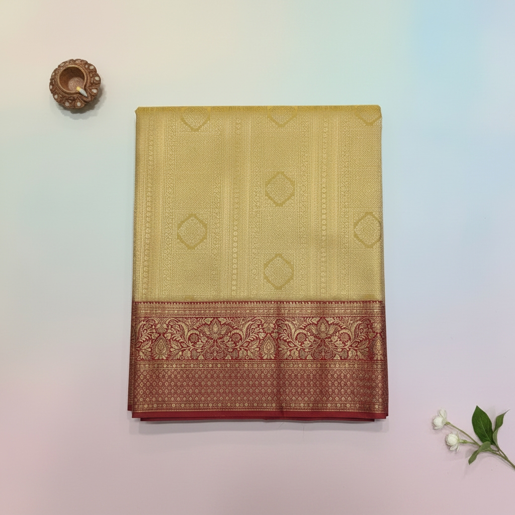 KUBERAN GOLDEN WITH RED BROCADE SEMI SILK SAREE