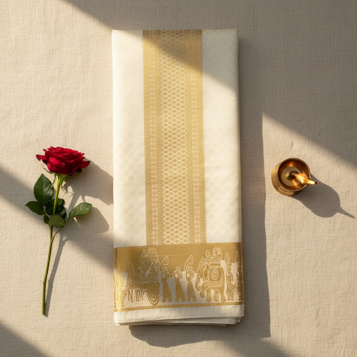 Kuberan Ivory & Gold Elephant Border Mix Silk Dhothi