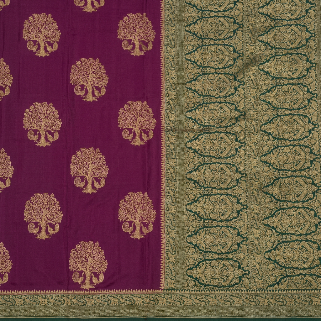 KUBERAN BURGUNDY WITH GREEN KHADDI GEORGETTE SAREE