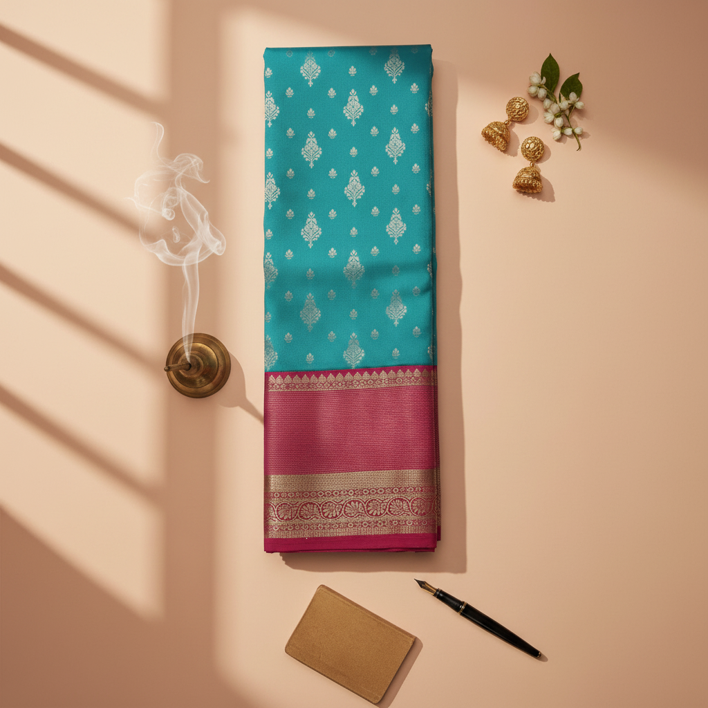 Turquoise and Pink Kanchipuram Silk Saree
