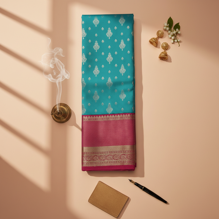 Turquoise and Pink Kanchipuram Silk Saree