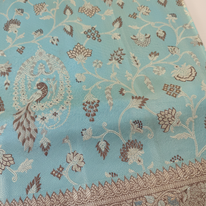 Turquoise Kanchipuram Silk Saree with Silver Peacock Motifs